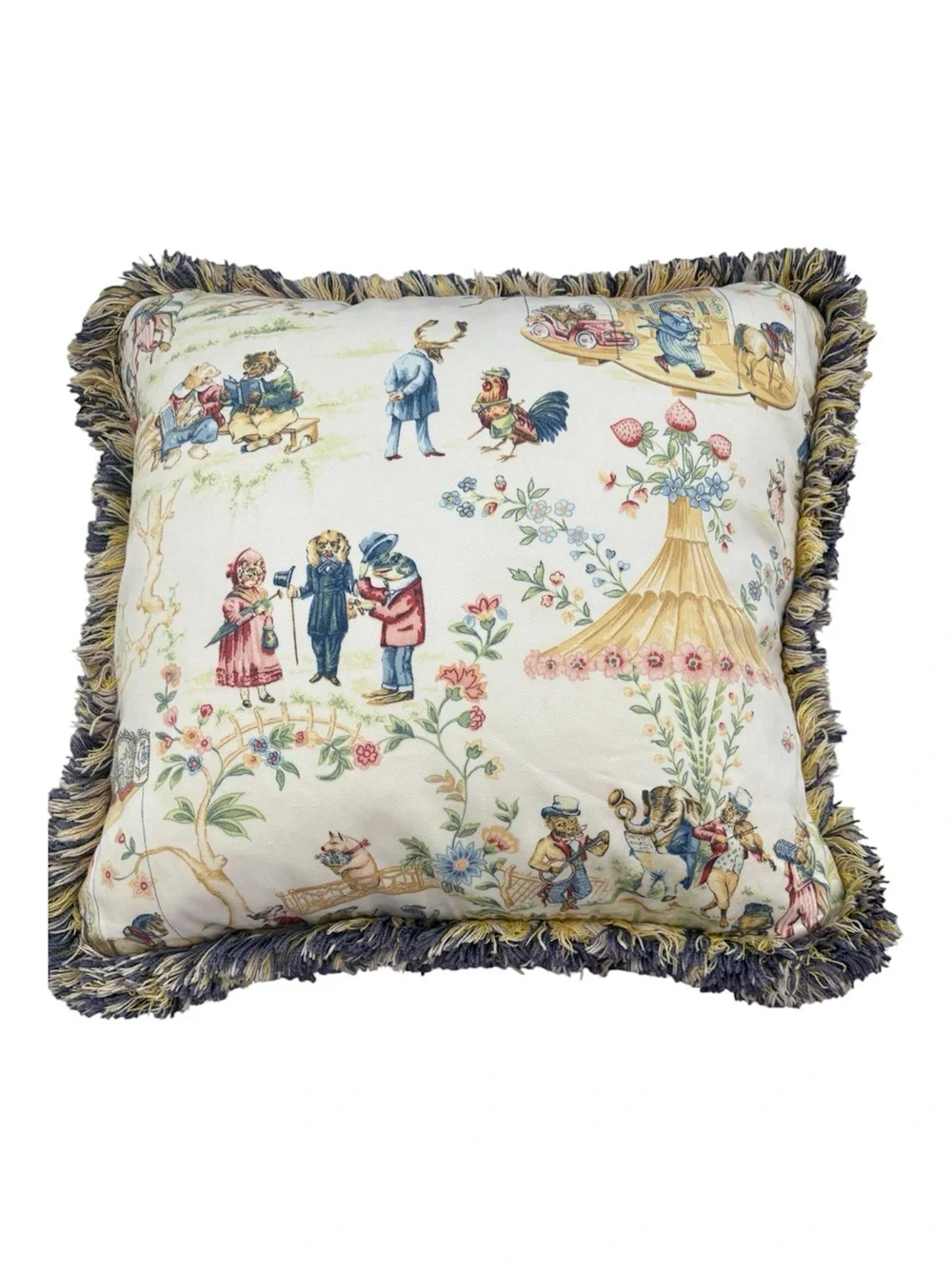 Vintage Storybook Animal Toile Feather Filled Fringe Pillow 17x17